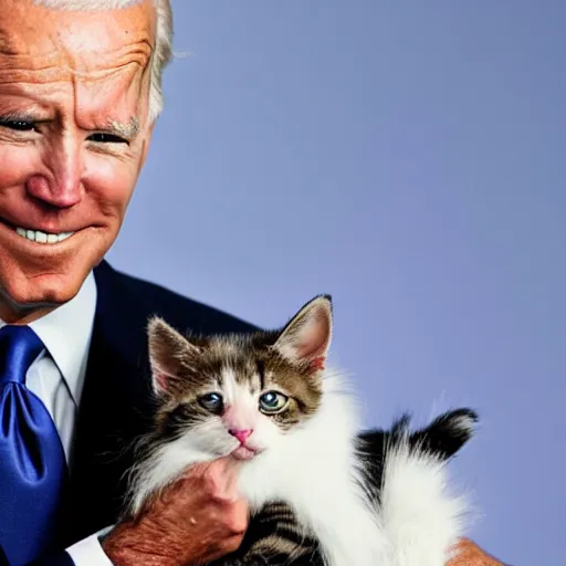 Prompt: a dramatic shot of joe biden holding a kitten