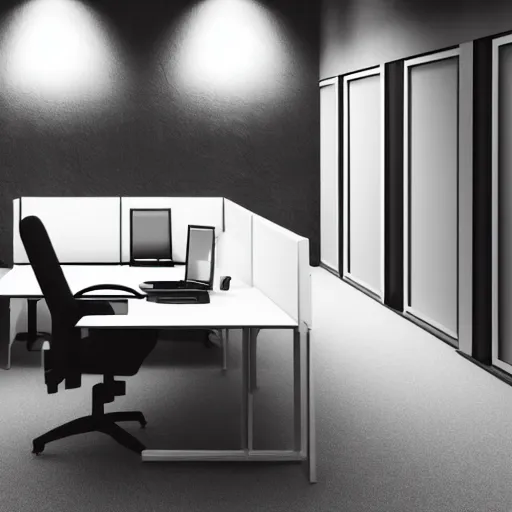 Image similar to an office at night, dark atmosphere, white hue