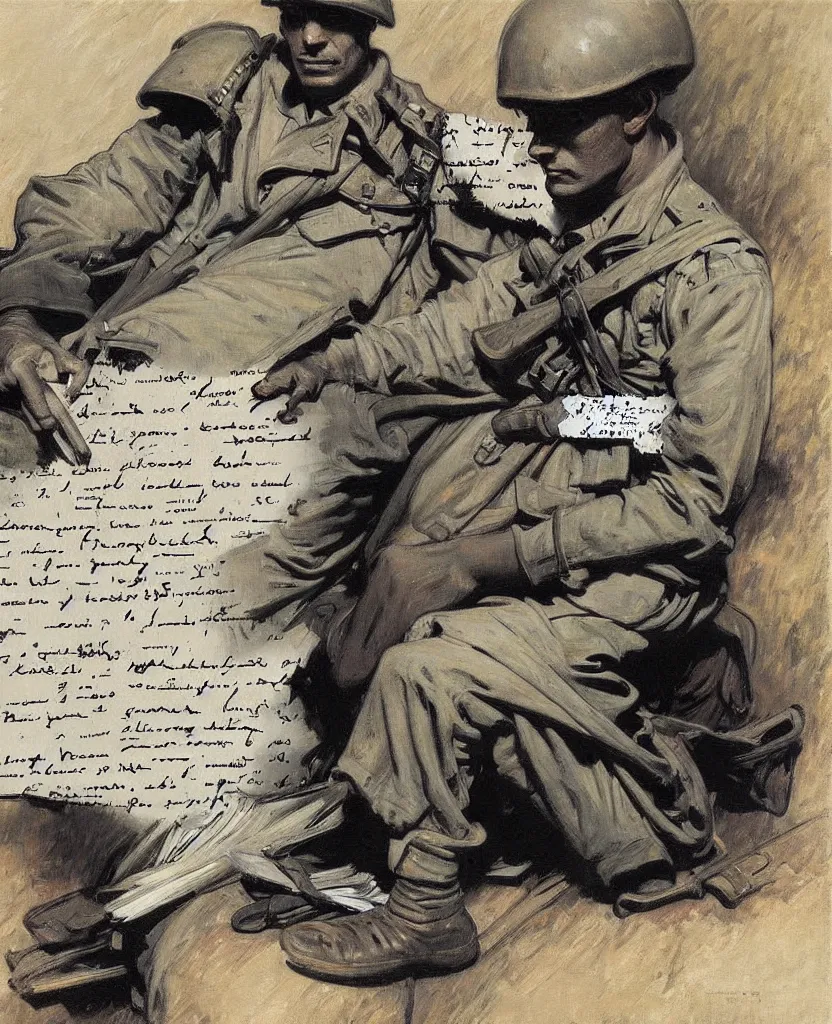 Prompt: a painting of lots of words in a hand written letter by a soldier in el alamein battle, wwii, black and white, jeremy mann, alphonse mucha