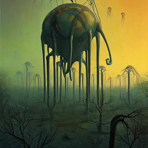 Image similar to giant eldritch horror, simon stalenhag, war of the worlds, forest