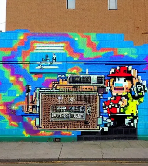 Prompt: graffiti street art pixelart retro videogames from the 8 0 s, streetview