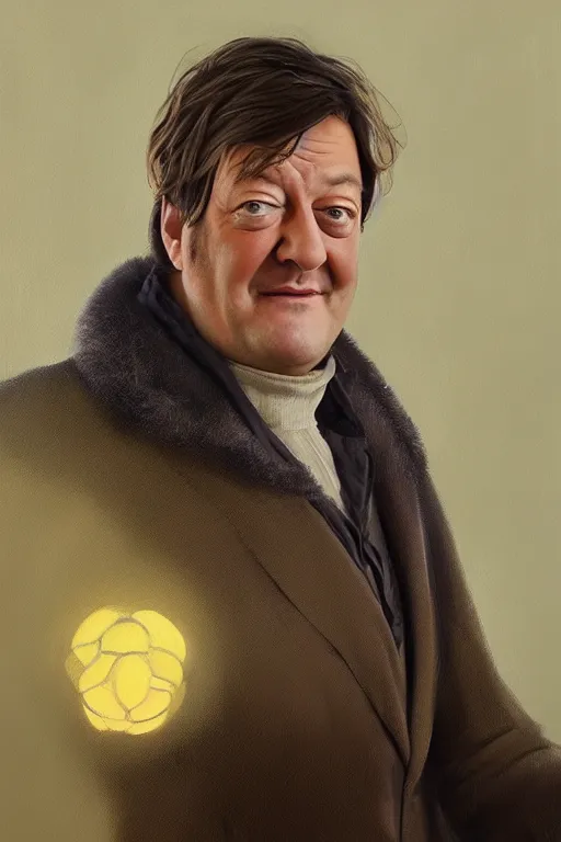 Image similar to a oil painting portrait of Stephen Fry wearing a turtleneck, highly detailed, digital painting, artstation, concept art, sharp focus, illustration, art by artgerm and greg rutkowski and alphonse mucha