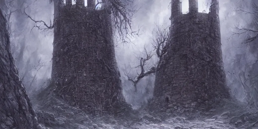 Image similar to an archaic tower looming over a grove of ancient trees, in the style of ayami kojima and kentaro miura, grim, thick mist, cracked walls, realistic digital painting, realistic colors, medieval, dark fantasy, very detailed