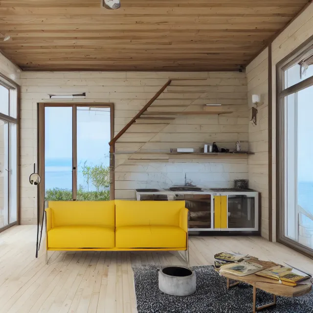 Image similar to modern a frame interior in a wooden cabin, yellow cabinets and white walls, vintage fridge, large window in back with ocean scenery, marble countertops, leather couch, spiral staircase, realistic, unreal engine render, octane render, hyper realistic, photo, 8 k