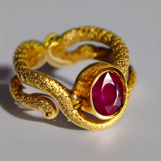 Prompt: ornate gold ouroboros ruby!!! jewelry macro product photo f 1. 4