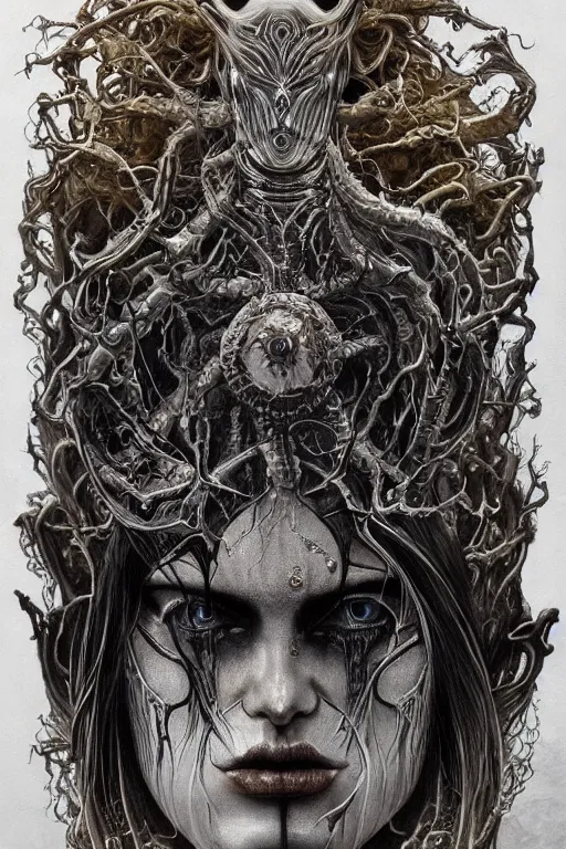 Image similar to Elden Ring and Doom themed painting of majestic chromatic biomechanical anatomical human hybrid beautiful ethereal angel symmetrical neutral mask closeup face tattoo pattern golden ratio concept, Neo-Gothic concept, infinity glyph waves, intricate artwork masterpiece, very coherent artwork, cinematic, full frontal facial features by Artgerm, art by H.R. Giger, Takato Yamamoto, Zdizslaw Beksinski, Johnatan Wayshak, Moebius, Ayami Kojima, very anatomically coherent artwork, trending on cgsociety, ultra high quality model, production quality cinema model, high detail chromatic ink outline, octane render, unreal engine 8k, hyper realism, high detail, octane render, unreal engine, 8k, High contrast