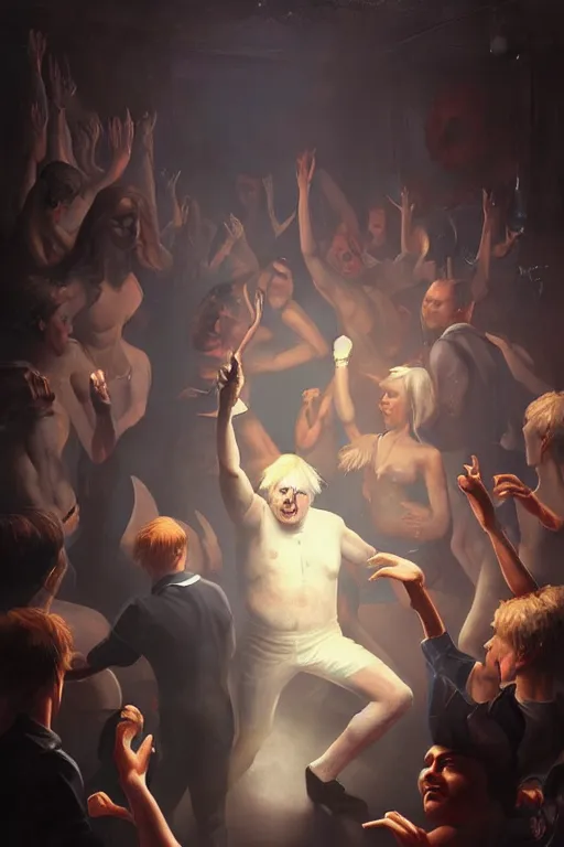 Image similar to boris johnson dancing in a nightclub, anatomy, bathed in light, highly detailed, photorealistic, artstation, smooth, sharp focus, illustration, unreal engine 5, 8 k, art by artgerm and greg rutkowski and edgar maxence