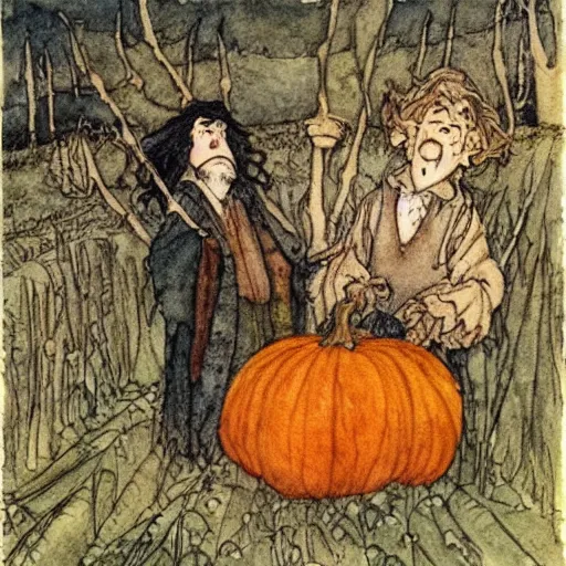 Image similar to a watercolor and ink illustration of hagrid and harry in a pumpkin patch by arthur rackham and edmund dulac