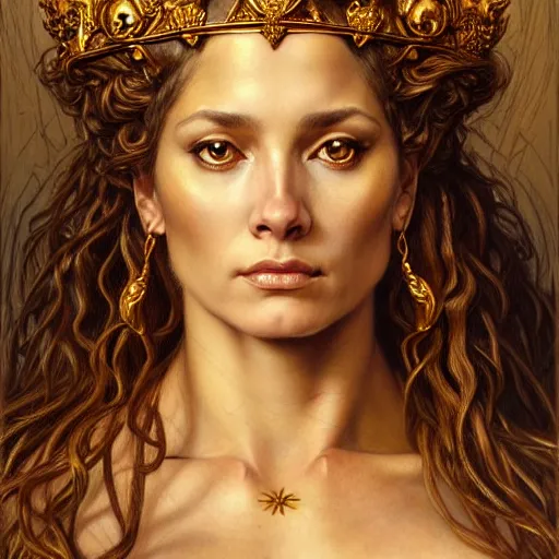 Image similar to highly detailed portrait of a majestic lioness queen in the form of a beautiful woman. d & d, art by donato giancola and evelyn de morgan and eugene delacroix and frank frazetta. trending on artstation, intricate details, energetic composition, golden ratio, concept art, illustration, elegant art, global illuminaition