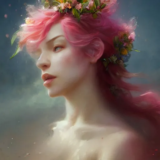 Image similar to cinematic shot epic portrait an flower goddess, glowing eyes, sweaty skin, wet pink flowing hair, flower blurry backround, broad light, ambient occlusion, volumetric light effect, made by ivan aivazovsky, peter mohrbacher, greg rutkowski, matte painting, trending on artstation, 4 k, perfectly defined features, digital painting,