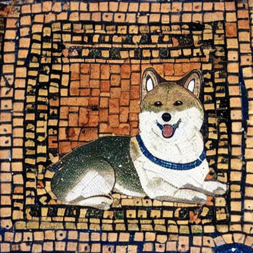 Prompt: an ancient roman tile mosaic depicting a shiba inu in a noble toga