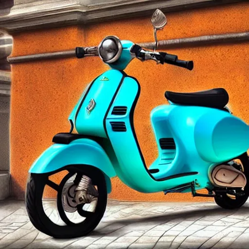 Image similar to a turquoise vespa moped, ultra realistic, concept art, intricate details, highly detailed, photorealistic, octane render, 8 k, unreal engine. art by artgerm and greg rutkowski