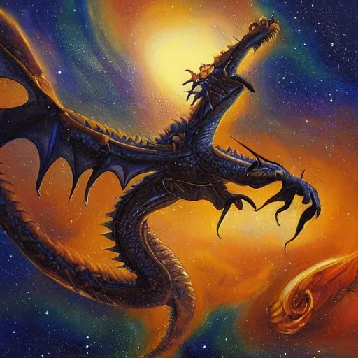 Image similar to A beautiful painting of a dragon in space by Justin Gerard. The dragon is in the foreground with its mouth open, revealing rows of sharp teeth. Its body is coiled and ready to strike, and its tail is wrapped around a star in the background. The colors are bright and the background is full of stars and galaxies. The overall effect is one of chaotic energy and movement. cow print, aardman animation by John Wayne Gacy CGI, tumultuous