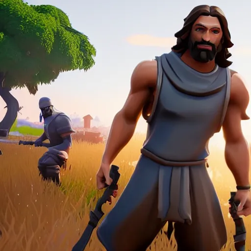 Image similar to screenshot of jesus in fortnite, unreal engine 5, 4 k, render, high definition