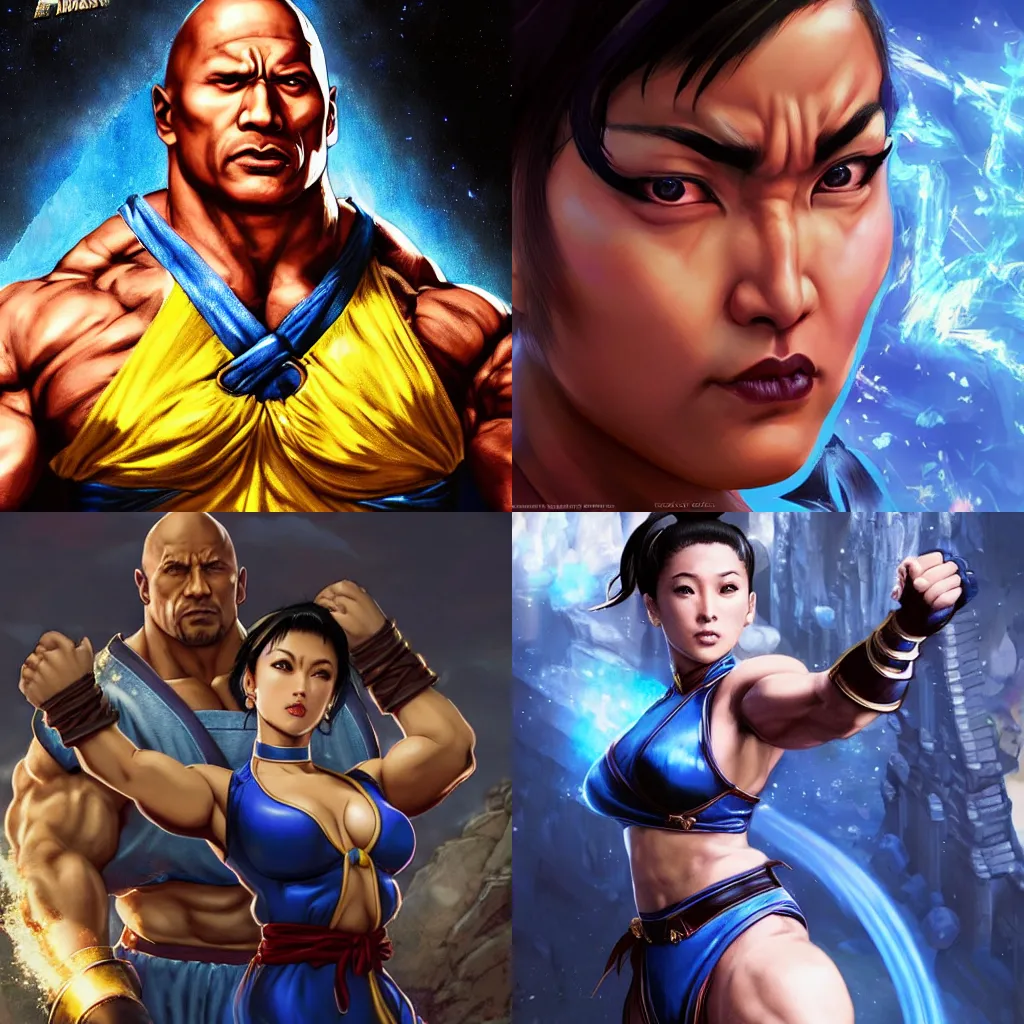 Image similar to street fighter chun li with dwayne johnson's face reminiscent of dwayne johnson, face as of dwayne johnson, looks like dwayne johnson with dwayne johnson's face and dwayne johnson's head, blue female outfit, intricate, epic lighting, cinematic composition, hyper realistic, 8k resolution, unreal engine 5, by Artgerm, tooth wu, dan mumford, beeple, wlop, rossdraws, James Jean, Andrei Riabovitchev, Marc Simonetti, yoshitaka Amano, Artstation