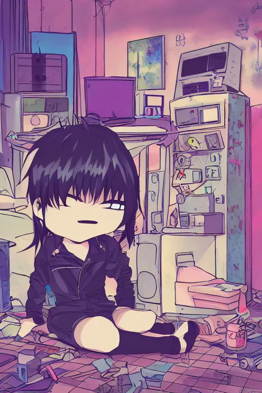 Prompt: goth chibi anime goth guy sitting on the floor of a cluttered 9 0 s bedroom, vaporwave colors, lo - fi, concept art, smooth, detailed, toon shading, cel shading, animation, 4 k, hd,