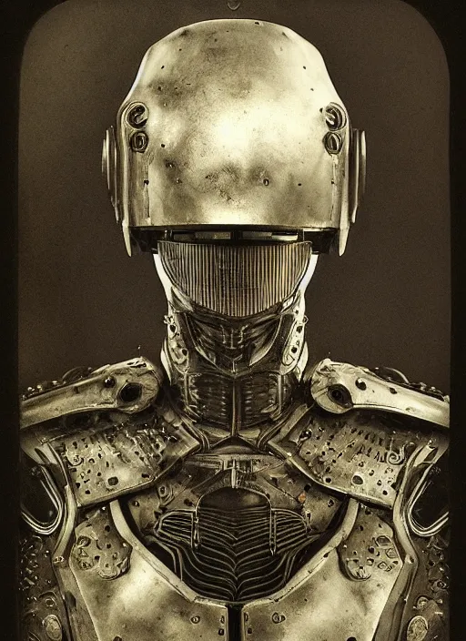 Prompt: old wetplate daguerreotype portrait of a futuristic silver armored knight district 9 cyborg, fractal, intricate, elegant, highly detailed, subsurface scattering, by jheronimus bosch and greg rutkowski and louis jacques mande daguerre