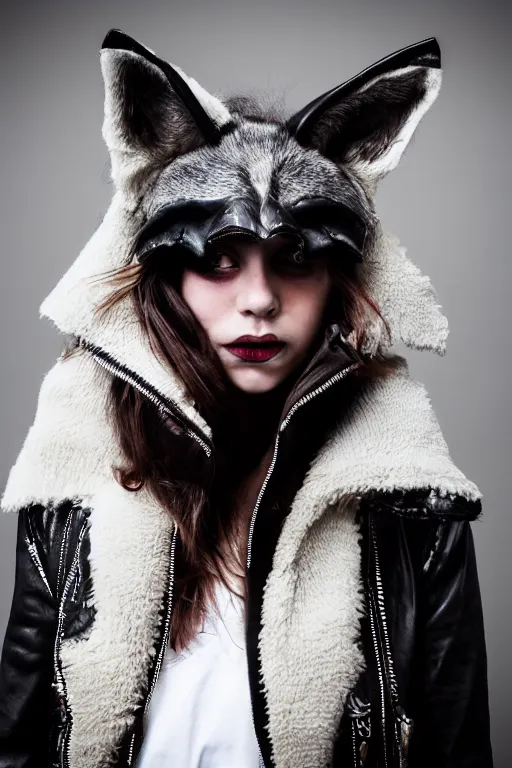 Prompt: photographic portrait of a punk girl in a leather jacket wearing a wolf's head over her face, fashion shoot, cool girl with wolf on her head