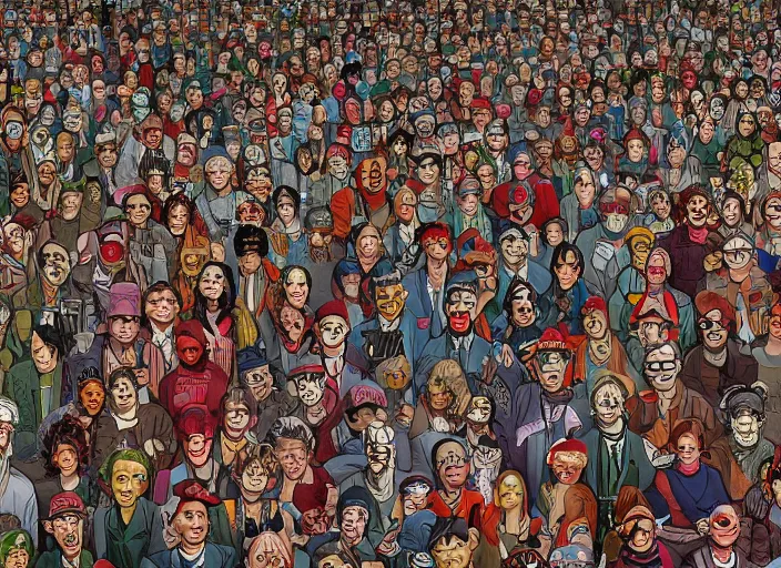 Prompt: where's waldo, creepy people, lowbrow, matte painting, 3 - d highly detailed, in the style of richard corbin