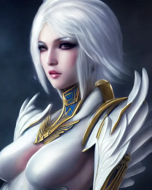 Image similar to perfect white haired egyptian goddess wearing white dove wings, warframe armor, regal, attractive, ornate, sultry, beautiful, dreamy, half asian, pretty face, blue eyes, detailed, scifi platform, 4 k, ultra realistic, epic lighting, android body, illuminated, cinematic, masterpiece, art by akihito tsukushi, voidstar, artgerm