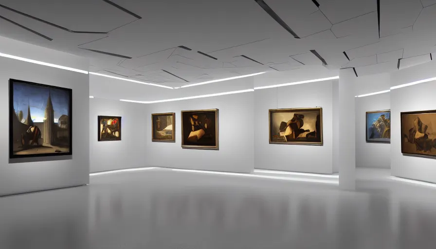 Prompt: interior futuristic art gallery wide angle highly detailed by santiago calatrava, three wall hanging paintings famous pieces by vermeer!, captivating 8 k hdr, octane render godrays hyperrealism