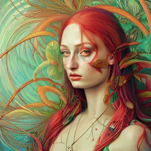 Image similar to portrait of sophie turner, hyper detailed masterpiece, neon floral pattern, jean giraud, digital art painting, darkwave goth aesthetic, psychedelic, artgerm, donato giancola and tom bagshaw