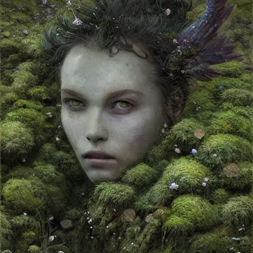 Prompt: a beautiful humanoid monster made out of moss and flowers. ethereal fantasy art by greg rutkowski