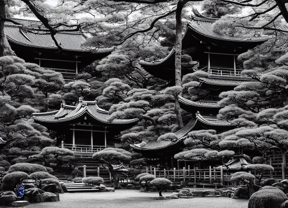 Prompt: realistic forest with an ancient Japanese shrine, Japanese Style, Monochrome, Plotter-art