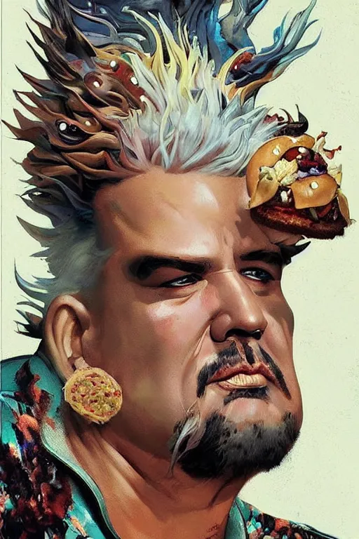 Prompt: centered beautiful detailed front view portrait of guy fieri with ornate burgers growing around, ornamentation, burgers, elegant, beautifully soft lit, by'phil hale '!!'leyendecker '!!! wayne barlowe, peter mohrbacher, kelly mckernan,