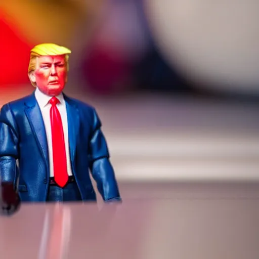 Prompt: close up of donald trump plastic action figure, 8 0 s, dslr photo