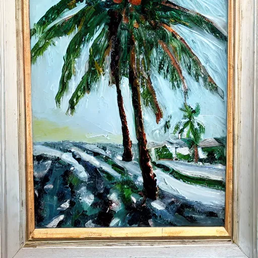 Prompt: winter landscape with large coconut trees, painting oil on board by olaf krans