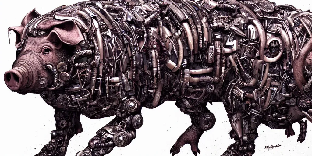 Prompt: portrait of a cyborg pig running in forest, cyberpunk, biomechanical, hyper detailed, trending on artstation