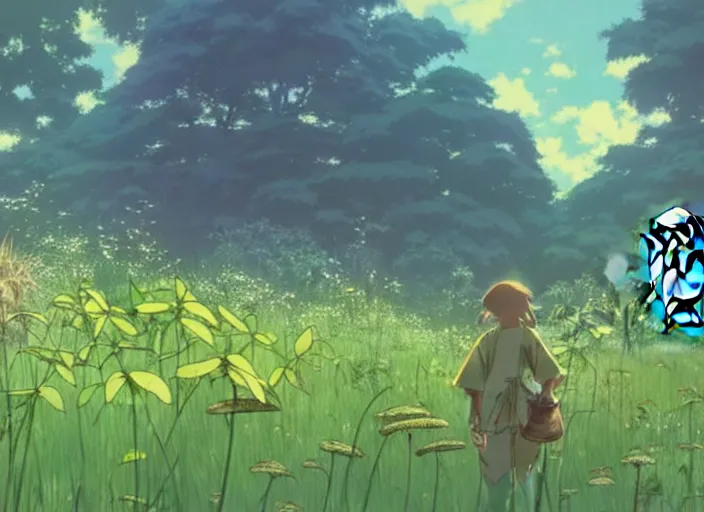 Prompt: a lot of jungle flowers and plants + poison toxic mushrooms surrounded by cables + long grass + broken droid + garden dwarf + mystic fog, line art, no - shadow, black and white, by makoto shinkai takashi takeuchi studio ghibli, akihiko yoshida, 5 0's vintage sci - fi style, rule of third!!!!
