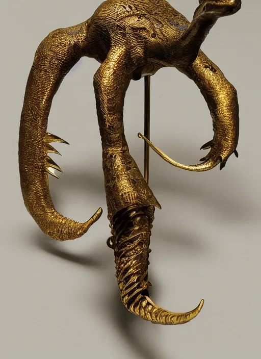 Prompt: bronze age Irish, gold cloak pin of a dinosaur, studio lighting, museum display case