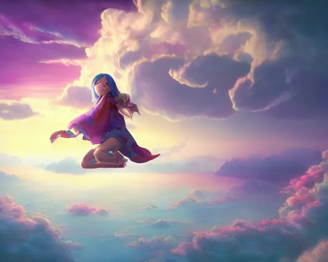 Prompt: An epic fantasy comic book style portrait painting of a very beautiful ethereal Nujabes floating above the vibrant clouds , soft pastel colors, dreamy colorful haze, character design by Mark Ryden and Pixar and Hayao Miyazaki, unreal 5, DAZ, hyperrealistic, octane render, cosplay, RPG portrait, dynamic lighting, intricate detail, summer vibrancy, cinematic