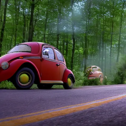 Image similar to promotional scifi - mystery movie scene of a real ladybug that is a hybrid with a ( volkswagen beatle ) hybrid that's more ladybug, racing down a dusty back - road in smokey mountains tennessee. cinematic, 4 k, imax, 7 0 mm, teal autochrome, hdr