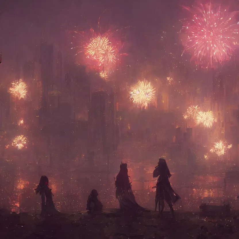 Prompt: firework festival at night, greg rutkowski, krenzcushart, nier automata enviroment concept art, makoto shinkai, alphonse mucha