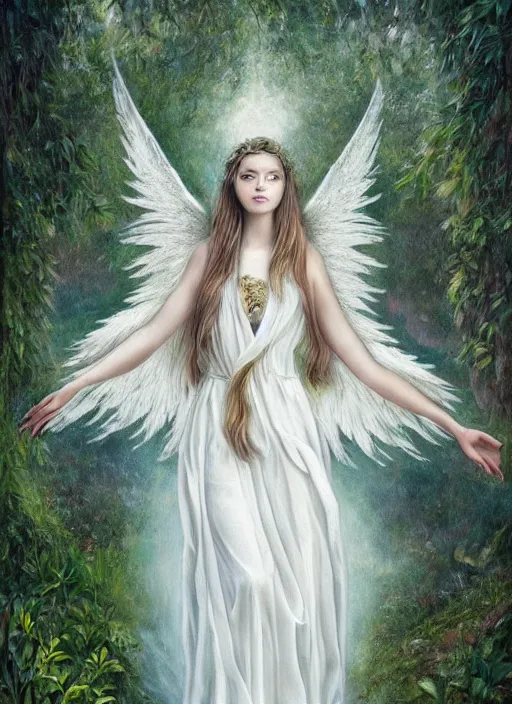 Prompt: a beautiful portrait painting of a biblical angel in white dress in a forest, inspired by thomas eakes & xiang duan, symmetry, magic realism, post - processing, extremely hyper - detailed, intricate, soft - lighting, lifelike attributes, masterpiece'
