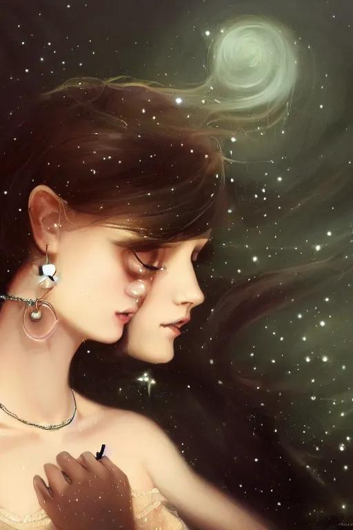 Image similar to Nocturne, glowing, stars, a long-legged elegant sultry woman, long ombre hair, pearl choker, highly detailed, mysterious, ethereal, dressed in black velvet, haute couture, illustration, dramatic lighting, soft details, painting, by Edmund Blair Leighton, Brom, Charlie Bowater, trending on artstation, faces by otto schmidt