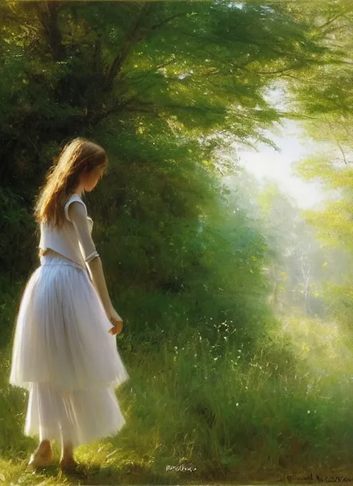 Image similar to A girl wearing a white skirt in the forest, by Vicente Romero Redondo