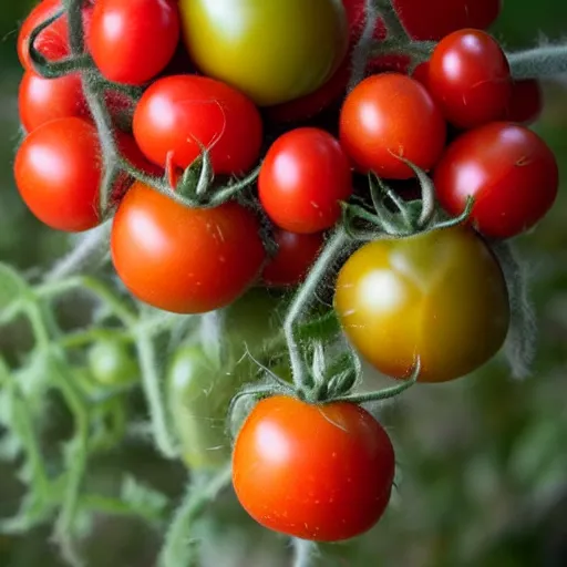 Prompt: photograph of a tomato with hair made of flowers