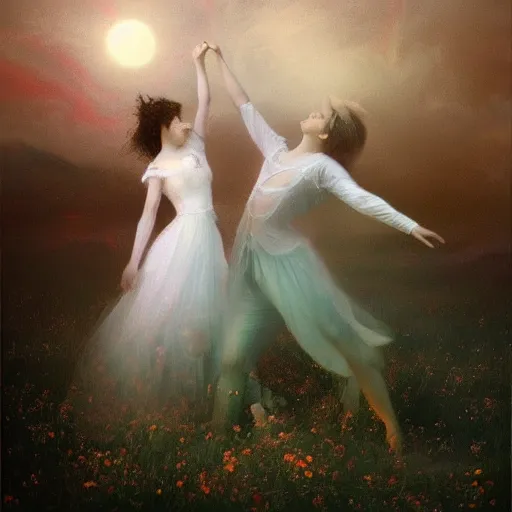 Image similar to the moonlit dance of the fae, dancers in white dancing across a flower meadow the moonlit dance by elena vizerskaya and ivan aivazovsky, perfectly detailed, artstation, sharp focus, highly detailed, studio photography, atmospheric, trending on artstation, surrealist, volumetric lighting