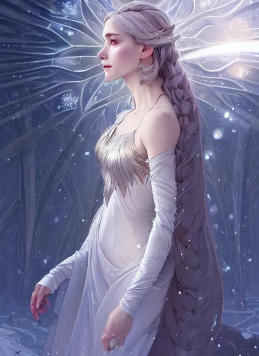 Image similar to a beautiful cinematic female winter goddess, cristal dress, ice wing, galatic shamen with quantum energy fantasy, fantasy magic, undercut hairstyle, dark light night, intricate, elegant, sharp focus, illustration, highly detailed, digital painting, concept art, matte, art by wlop and artgerm and greg rutkowski and alphonse mucha, masterpiece