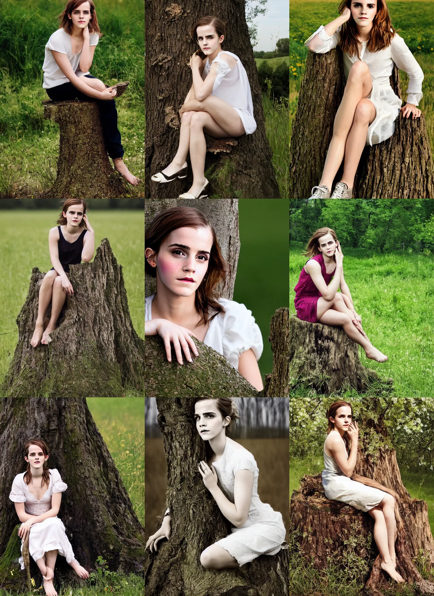 Prompt: facial portrait of emma watson sitting on a tree stump in a field