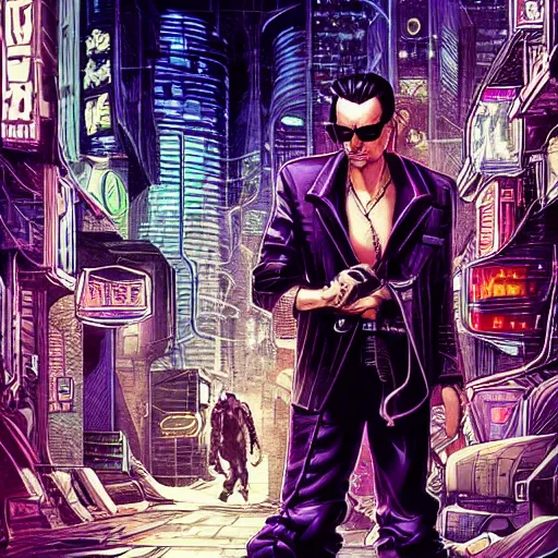 Prompt: a cyberpunk mafia boss with slicked back hair, in a cyberpunk city alleyway, extremely detailed comic book art, cyberpunk, art by stan lee, pen drawing, colorful, bright high tech lights, epic, moody, dramatic, deep shadows, marvel comics, dc comics, trending on artstation