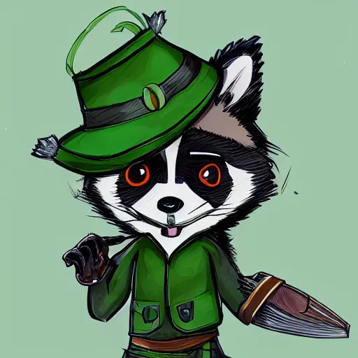 Prompt: a raccoon in a green rouge outfit with a dagger, trending on art station