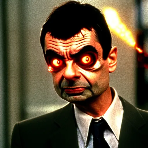 Image similar to mr. bean as the terminator. movie still. red glowing eye. t 1 0 0 0, cinematic lighting.