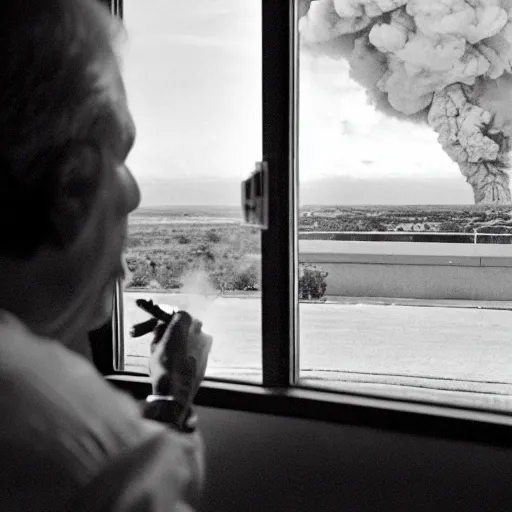 Image similar to Mr. House looks at the nuclear explosion from the window of the Lucky 38 Casino and smokes a cigar; ultra HD, realistic, retro, 45mm, elegant