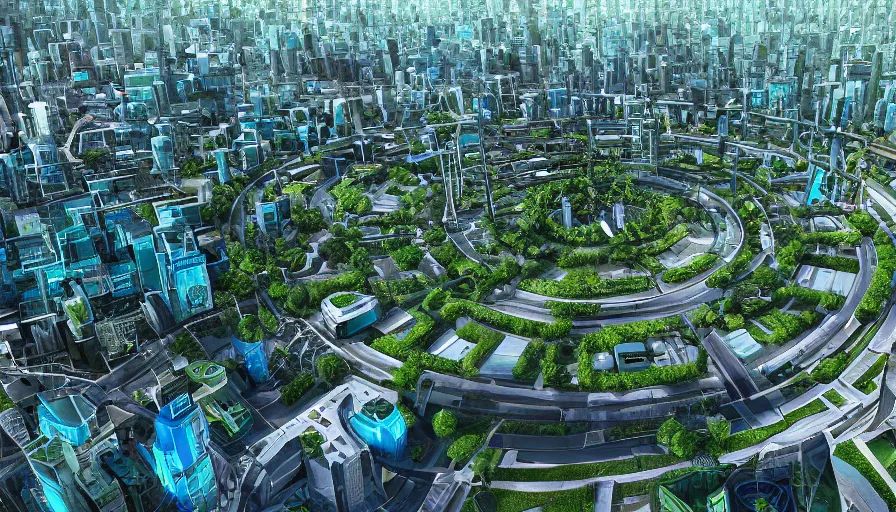 Prompt: roundabout green city with streets, blue buildings, water, highways, stadium, airport, hyperdetailed, artstation, cgsociety, 8 k