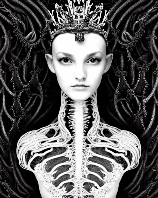 Image similar to dark background, a black and white high quality dreamy photo of a young beautiful female queen-dragon-vegetal-cyborg bust with a very long neck and delicate Mandelbrot fractal face, elegant, highly detailed, flesh highly baroque ornate, hair are curled wired cables, elegant, poetic, soft, dreamy, mysterious, high fashion, rim light, in the style of Ellen von Unwerth, Realistic, Refined, Digital Art, Highly Detailed, Cinematic Lighting, rim light, black and white, photo-realistic, 8K